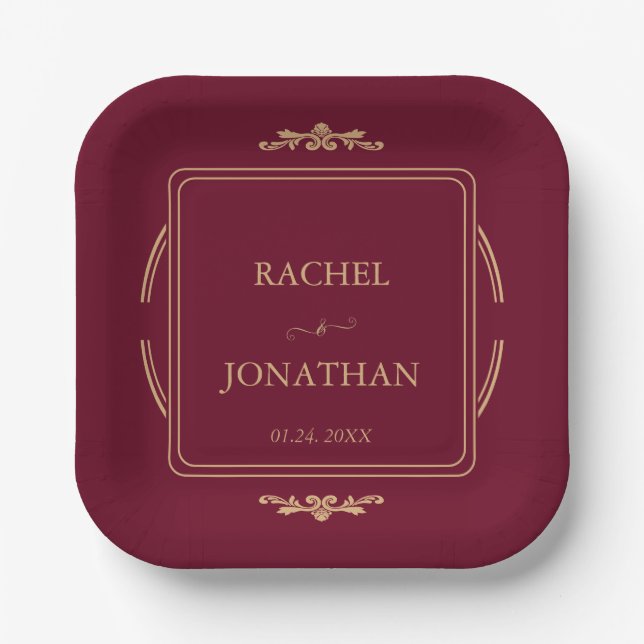 Elegant Burgundy Gold  Wedding Paper Plate (Front)