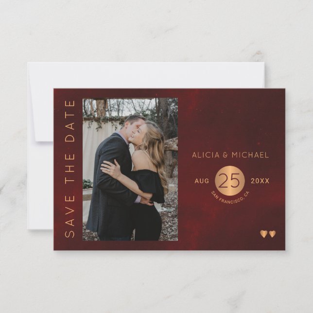 Elegant burgundy gold wedding photo save the date (Front)