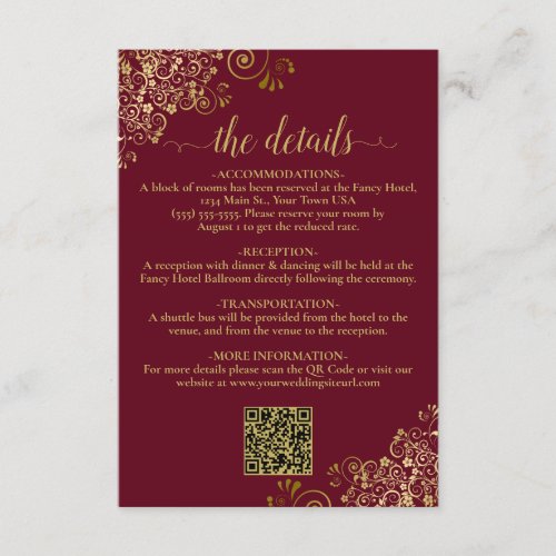 Elegant Burgundy  Gold Wedding QR Code Details Enclosure Card