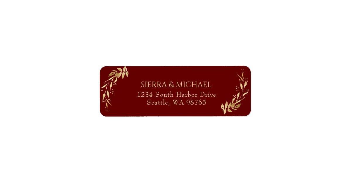 Elegant Burgundy Gold Wedding Return Address Label | Zazzle