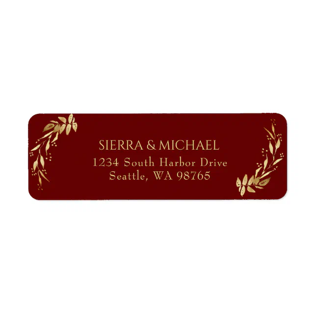 Elegant Burgundy Gold Wedding Return Address Label | Zazzle