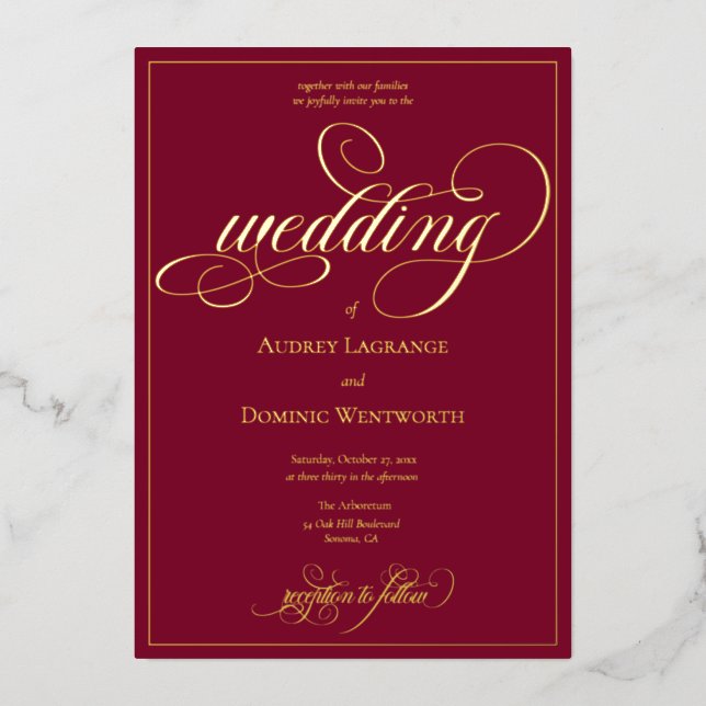 Elegant Burgundy Gold Wedding Script Calligraphy Foil Invitation (Front)
