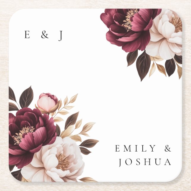 Elegant Burgundy Gold Wedding Square Paper Coaster (Front)