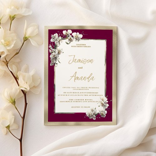 Elegant burgundy gold white orchid floral Wedding Invitation