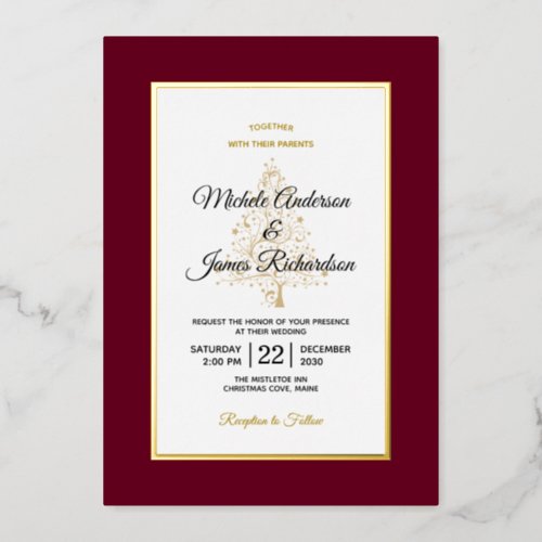 Elegant Burgundy Gold Winter Holiday Wedding Foil Invitation