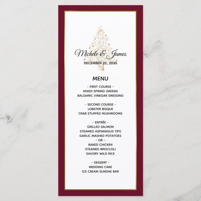 Elegant Burgundy Gold Winter Holiday Wedding Menu (Front)