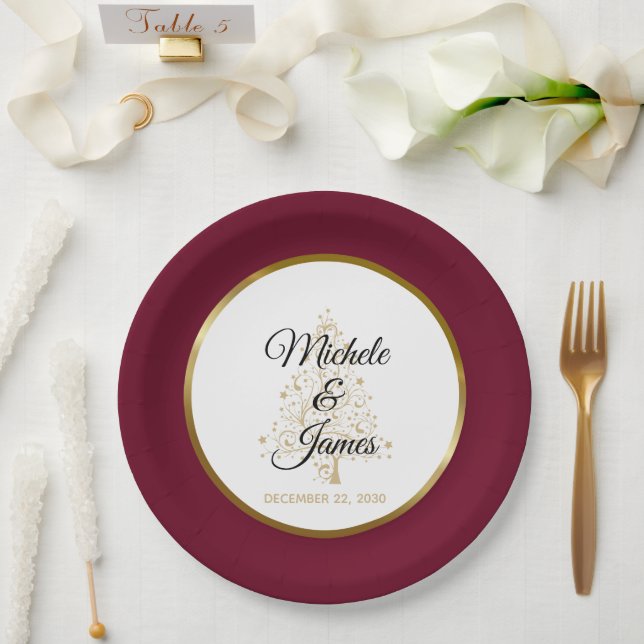 Elegant Burgundy Gold Winter Holiday Wedding Paper Plates (Wedding)