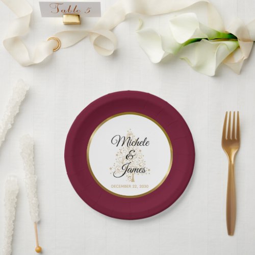 Elegant Burgundy Gold Winter Holiday Wedding Paper Plates