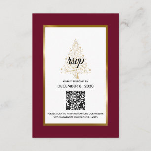Elegant Burgundy Gold Winter Wedding QR Code RSVP Card
