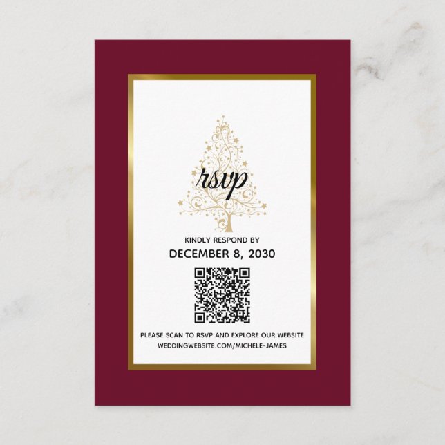 Elegant Burgundy Gold Winter Wedding QR Code RSVP Card (Front)