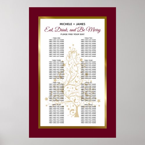Elegant Burgundy Gold Winter Wedding Seating Chart