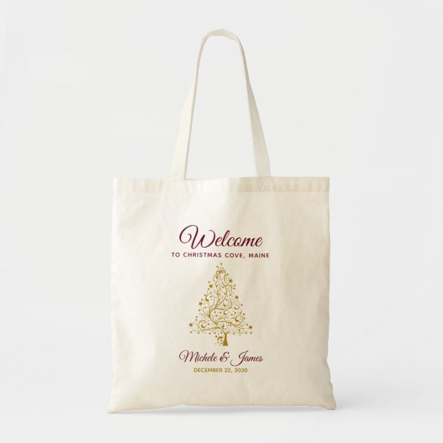 Elegant Burgundy Gold Winter Wedding Welcome Tote Bag (Front)