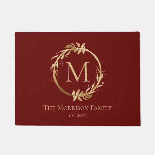Elegant Burgundy Gold Wreath Family Name Monogram Doormat