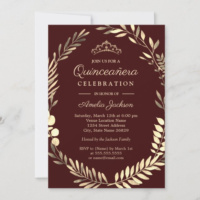 Elegant Burgundy Gold Wreath Quinceanera Invitation (Front)