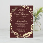 Elegant Burgundy Gold Wreath Sweet Sixteen Invitation (Standing Front)