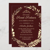 Elegant Burgundy Gold Wreath Sweet Sixteen Invitation (Front/Back)