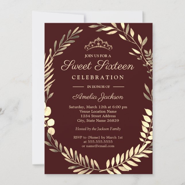 Elegant Burgundy Gold Wreath Sweet Sixteen Invitation (Front)