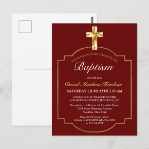 Elegant Burgundy Golden Cross Boys Baptism  Invita Postcard