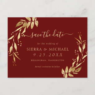 Elegant Burgundy Golden Foliage Save the Date Announcement Postcard