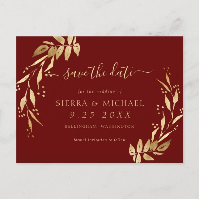 Elegant Burgundy Golden Foliage Save the Date Announcement Postcard (Front)