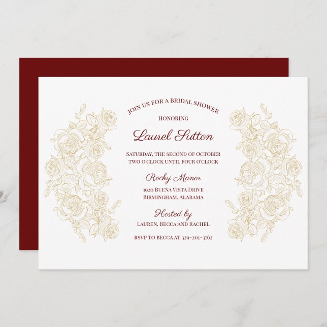 Elegant Burgundy & Golden Roses Bridal Shower Invitation (Front/Back)