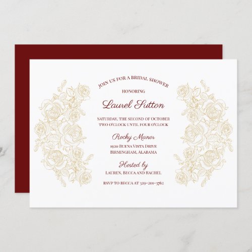 Elegant Burgundy  Golden Roses Bridal Shower Invitation