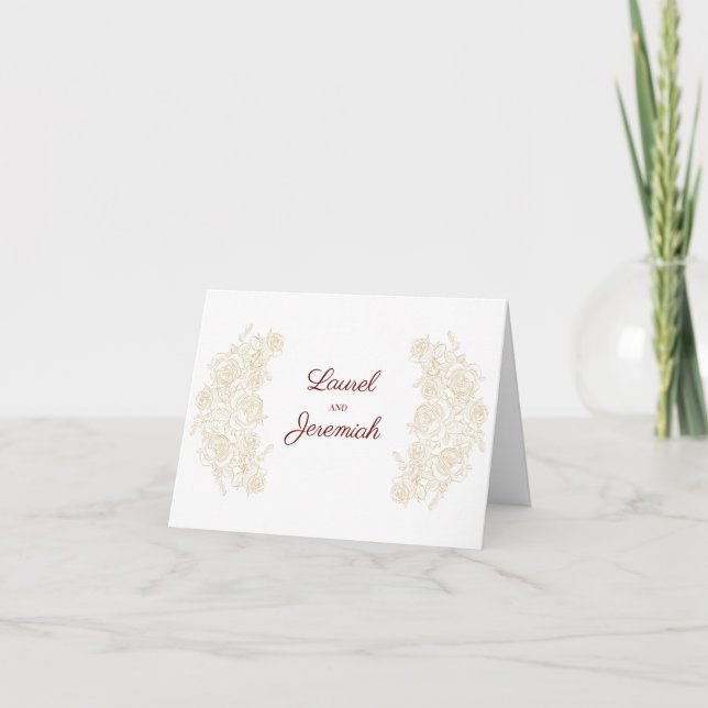 Elegant Burgundy & Golden Roses Folded Thank You Card (Front)