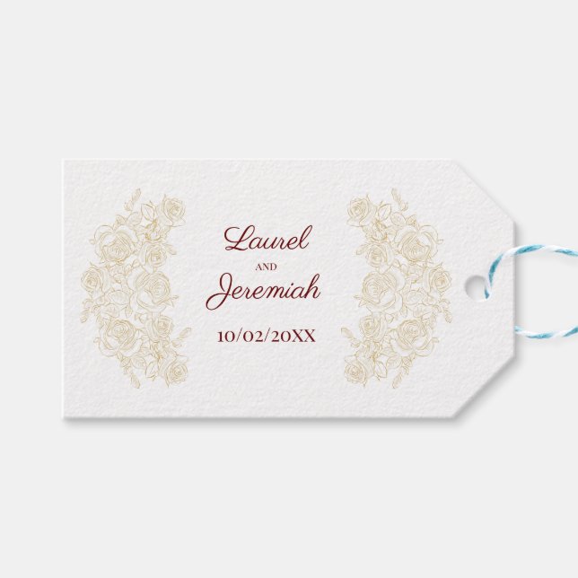 Elegant Burgundy & Golden Roses Gift Tag (Front (Horizontal))
