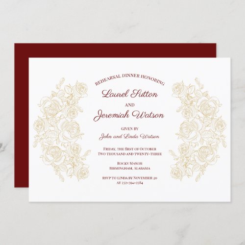 Elegant Burgundy  Golden Roses Rehearsal Dinner Invitation