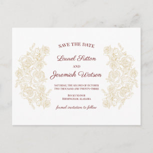 Elegant Burgundy & Golden Roses Save the Date Postcard