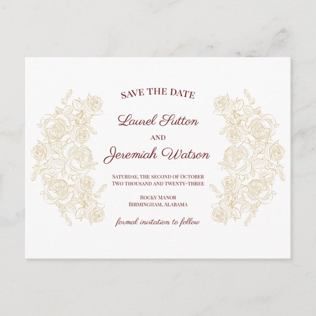 Elegant Burgundy & Golden Roses Save the Date Postcard (Front)
