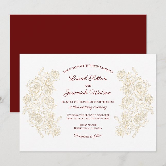 Elegant Burgundy & Golden Roses Wedding Invitation (Front/Back)