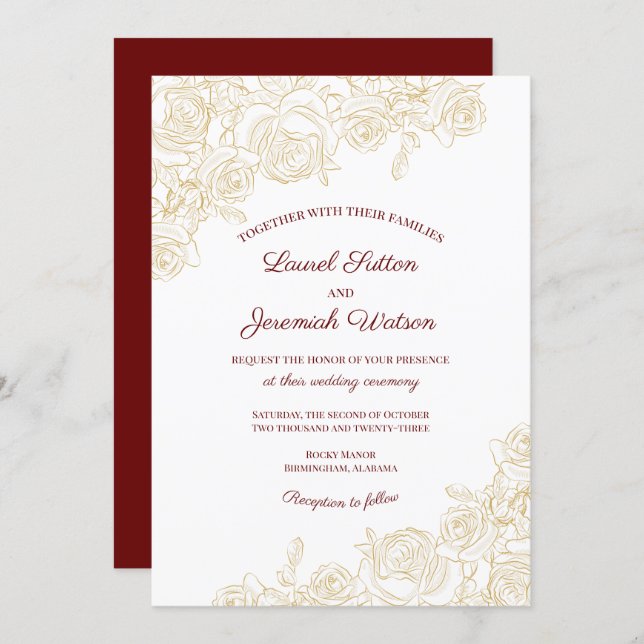 Elegant Burgundy & Golden Roses Wedding Invitation (Front/Back)