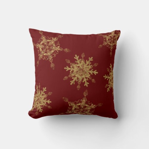 Elegant Burgundy Golden Snow Flakes   Throw Pillow