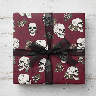 Elegant Burgundy Gothic Floral Skull Wrapping Paper