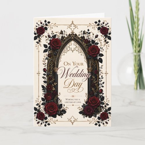 Elegant Burgundy Gothic Rose Wedding Day Greeting Card