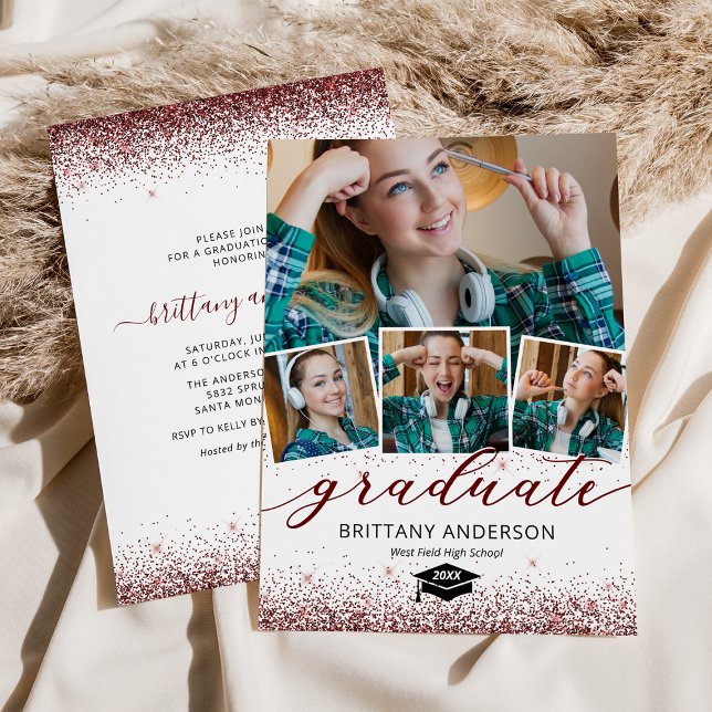 Elegant Burgundy Graduation 4 Photo Invitation (Creator Uploaded)
