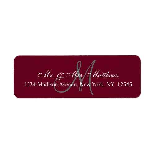 Elegant Burgundy Gray Monogram Wedding Address Label