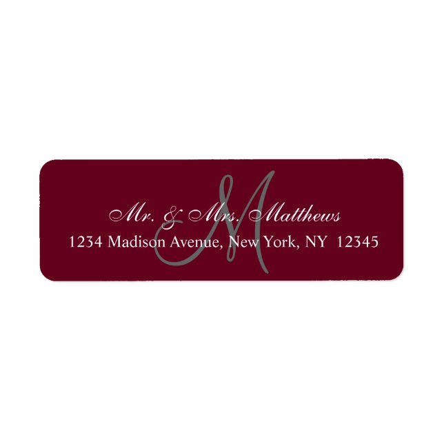 Elegant Burgundy Gray Monogram Wedding Address Label (Front)