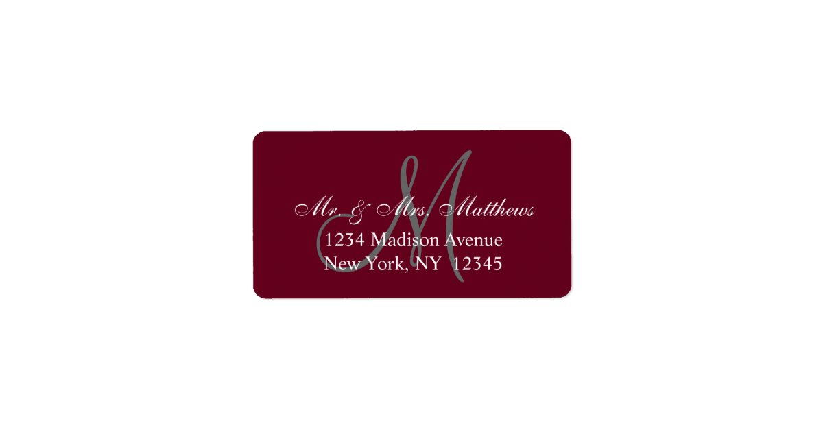 Elegant Burgundy Gray Monogram Wedding Address Label | Zazzle