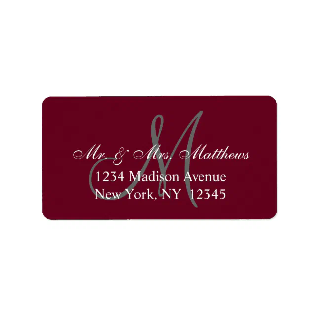 Elegant Burgundy Gray Monogram Wedding Address Label | Zazzle