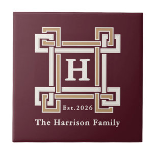 Elegant Burgundy Greek Key Monogram Custom Ceramic Tile