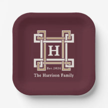 Elegant Burgundy Greek Key Monogram Custom