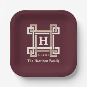 Elegant Burgundy Greek Key Monogram Custom Paper Plates
