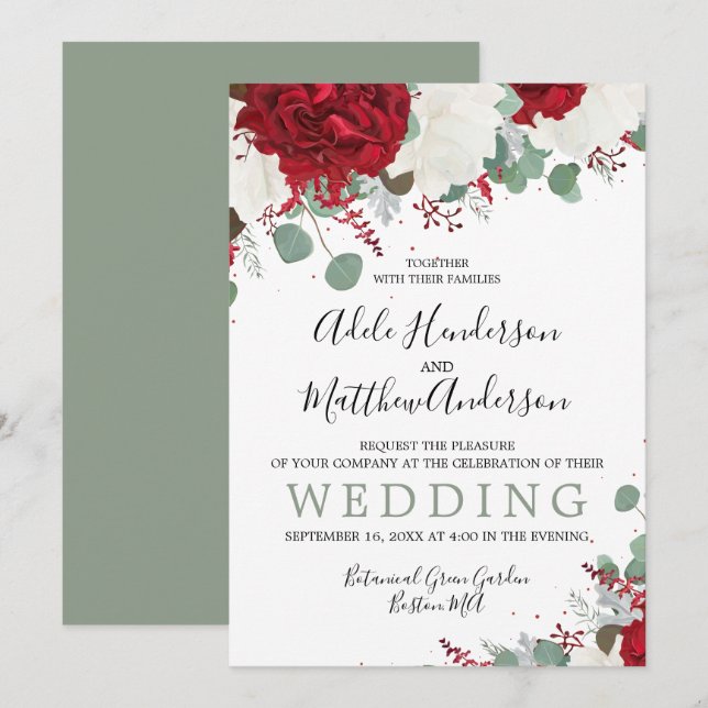 Elegant Burgundy Green Floral Wedding Invitation (Front/Back)