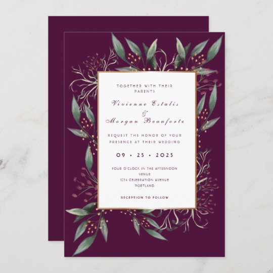 Elegant Burgundy Green Leaf Gold Wedding Invitation 