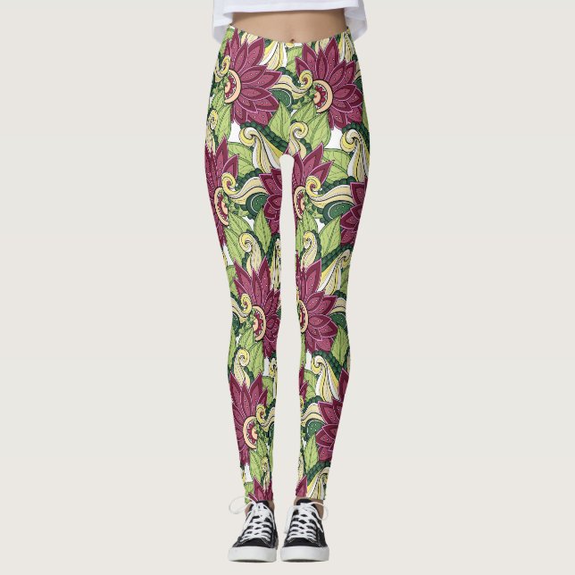 Elegant Burgundy Green Yellow Flowers And Swirl Leggings (Front)
