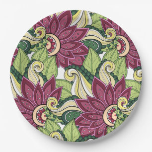 Elegant Burgundy Green Yellow Flowers And Swirl Paper Plates