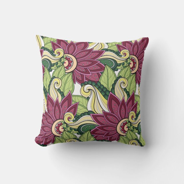 Elegant Burgundy Green Yellow Flowers And Swirl Throw Pillow (Front)