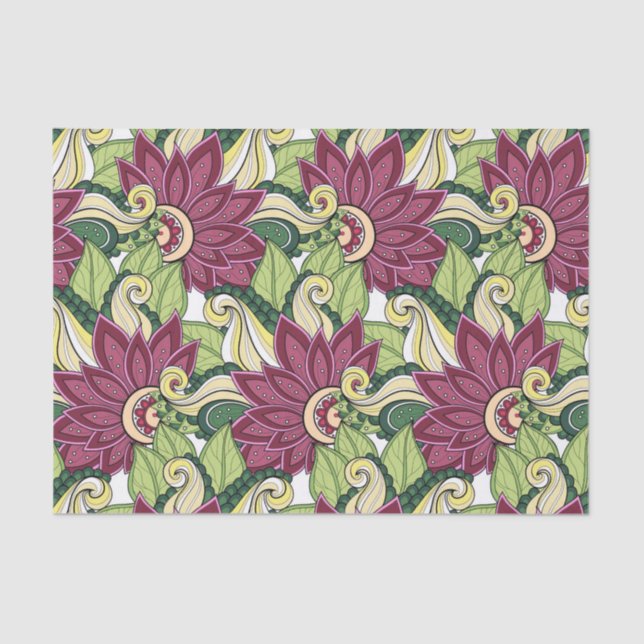 Elegant Burgundy Green Yellow Flowers And Swirl Tissue Paper (Front)